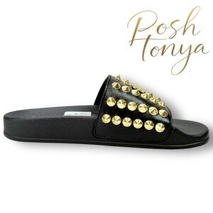 Cavalli Class by Roberto Cavalli Studded Leather Pool Slides Black Size 5 Luxury